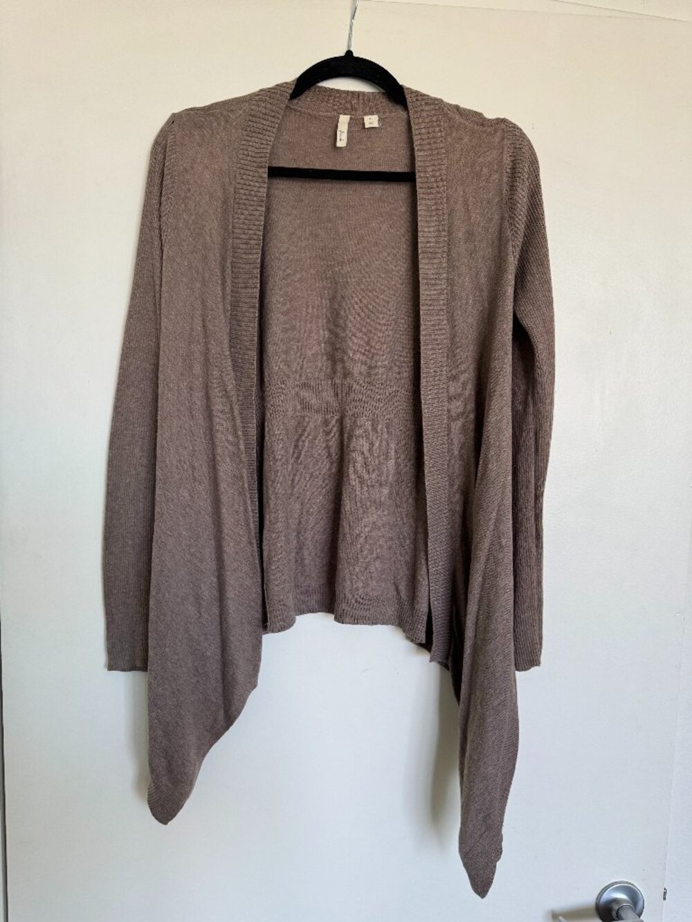 Frenchi Taupe Brown Open Front Waterfall Draped Cardigan Ribbed Trim M